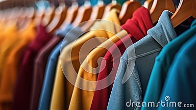 colorful t-shirts and hoodies on hangers in a wardrobe Stock Photo