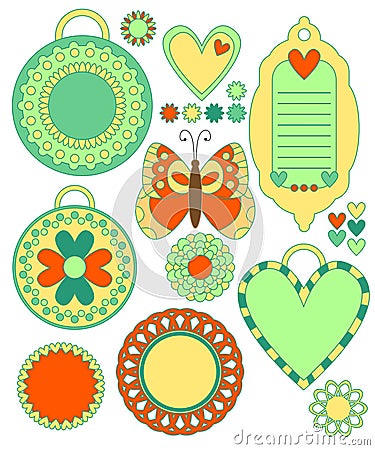 Colorful tags, labels, hearts, flowers, butterfly Stock Photo