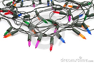 colorful tangled christmas lights on white background Stock Photo