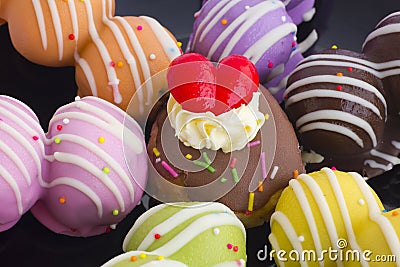 Colorful and tasty donuts on white background Stock Photo
