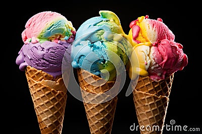 colorful tasty melting ice cream in waffle cone AI generated Stock Photo