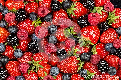 Colorful tasty mix of wild forest berry fruits. Strawberry blueberry raspberry and blackberry. healthy eating nutrition vegan food Stock Photo