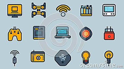 Colorful technology icons computer, wifi, drone, game controller, server, laptop, lightbulb, laboratory, screen, radio, mouse, Stock Photo