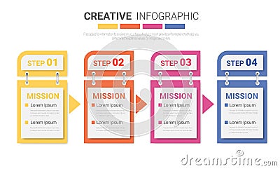 Colorful template business concept timeline arrows. Infographics layout with 4 steps workflow history with diagram. Vector Illustration