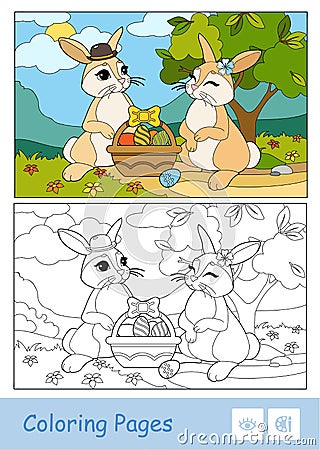 Colorful template and colorless contour image of cute couple of Easter rabbits with Easter eggs in a basket. Wild Vector Illustration