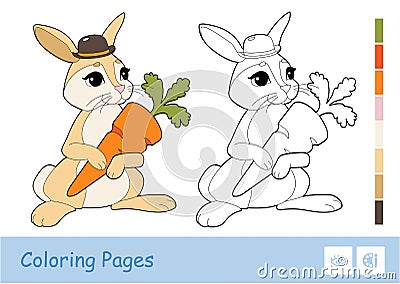 Colorful template and colorless contour image of cute rabbit holding a carrot isolated on white background. Wild animals Vector Illustration