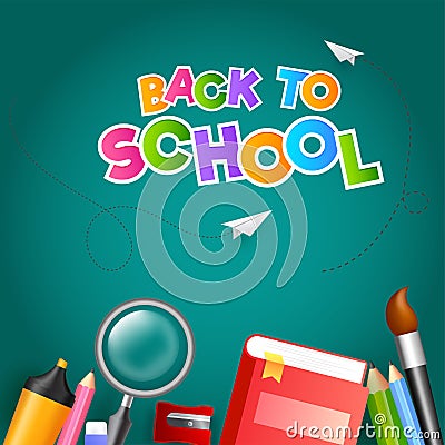 Colorful text Back To School with paper plane and education supplies element such as book, magnifying glass, colored pencil on Stock Photo