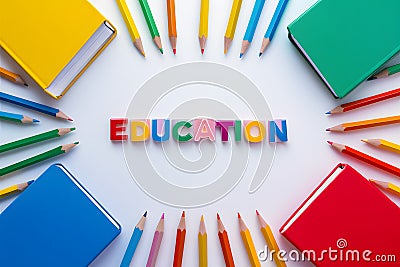 Colorful textbooks and bright pencils on white background, symbolizing education tools and workspace Stock Photo