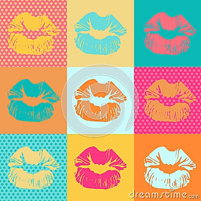 Colorful texture with kisses. Pop art lips Vector Illustration