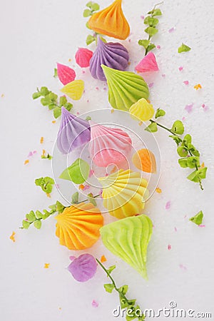 A colorful Thai dessert called Alua.Arranged with beautiful decorative flowers see eating page Stock Photo
