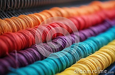 Colorful thread rolls organized neatly in rows. Vivid colors create vibrant texture background. Stacks of thread bobbins in Stock Photo