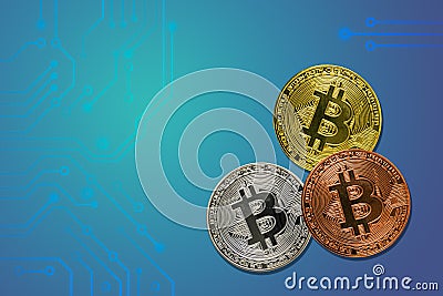 Colorful three bitcoins and New Virtual money concept. Gold sliver copper bitcoins with circuit board. digital background. Golden Stock Photo