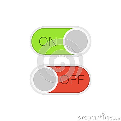 Colorful toggle switch button in flat design. Template for mobile and web applications. Green in on position, red in off Vector Illustration