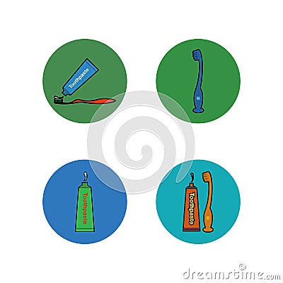 Colorful Toothbrush and Toothpaste icon set. Vector Illustration