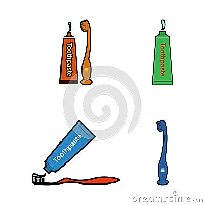 Colorful Toothbrush and Toothpaste icon set. Vector Illustration