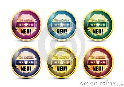 Colorful Top Aktuell Neu Button Set Stock Photo