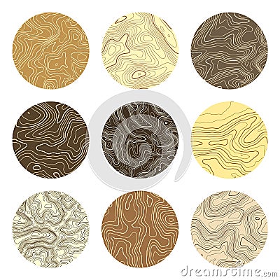 Colorful topographic map with contour lines. Geographic terrain grid, relief height elevation. Ground path pattern Vector Illustration