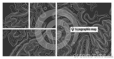 Colorful topographic map sets with contour lines. Geographic terrain grid, relief height elevation. Ground path pattern Vector Illustration