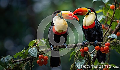 Colorful Toucans Perched on Branch in Lush Jungle Stock Photo