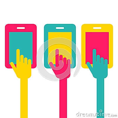 Colorful touch screen smartphone icon. Hand pointer symbol. Vector flat style illustration Vector Illustration