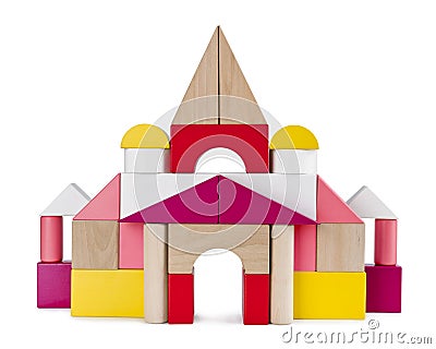 Colorful tower castle from toy bricks isolated on white Stock Photo