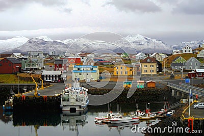 Colorful town with a port in Iceland Editorial Stock Photo