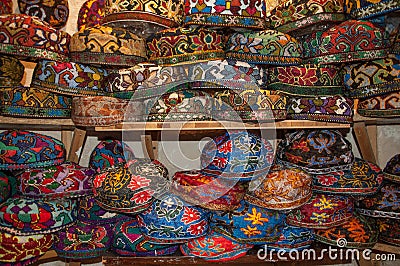 Colorful, traditional hats being sold in Bukhara, Uzbekistan Editorial Stock Photo