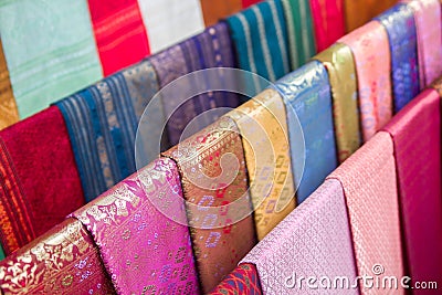 colorful traditional Lao silk textiles, Luang Prabang, Laos Stock Photo