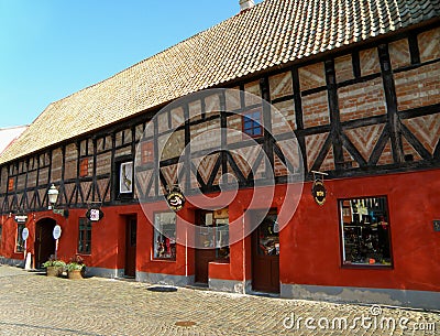 Colorful traditional old buildings at the Lilla torg Little square, Malmo Editorial Stock Photo
