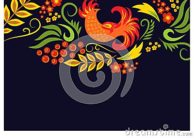 Colorful traditional Russian Khokhloma painting with red and gold bird, berries, and flowers. Folk art, floral pattern Vector Illustration