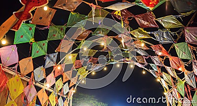 Colorful Traditional Thai Vintage Retro Kites Dome Ceiling in Asian Cultural Art Festival in Thailand. Thailand Tourism, Thai Stock Photo