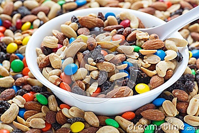 Trail Mix in White Bowl Stock Photo