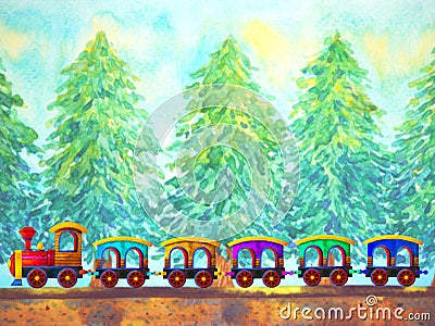 colorful train retro cartoon watercolor painting travel in christmas pine tree forest illustration design hand drawing Cartoon Illustration