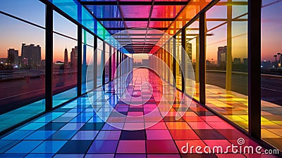 Colorful translucent walkways in modern cityscape Stock Photo
