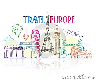 Colorful Travel Europe Hand Drawing with Famous Landmarks Vector Illustration