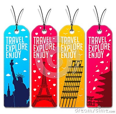 Colorful Travel Explore Enjoy Beautiful Tags or Bookmarks Vector Illustration