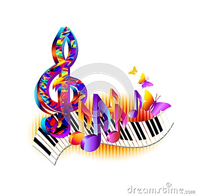 Colorful treble clef, 3d music notes with piano keyboard and butterfly. Vector Illustration