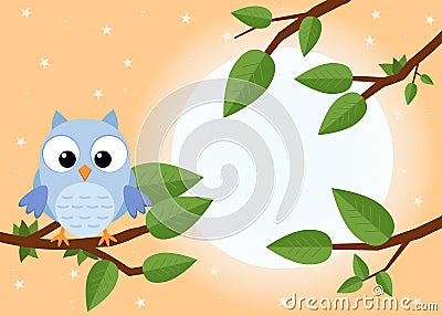 Colorful tree with cute owl. Cartoon bird in sunny forest. Flat Vector Illustration