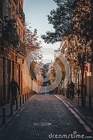 Colorful tree-lined street in Malasana, Madrid, Spain Editorial Stock Photo