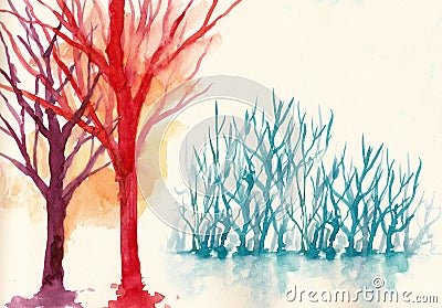 Colorful trees in winter background water colour Stock Photo