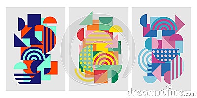 Colorful trendy geometric shapes flat elements of a pattern. Pop art style texture. Modern abstract design for poster and cover te Vector Illustration