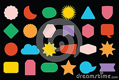 Colorful trendy and isolated random shapes empty sticker and labels icons set on black Vector Illustration