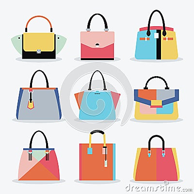 Colorful and trendy women handbags and purse set on white background Vector Illustration