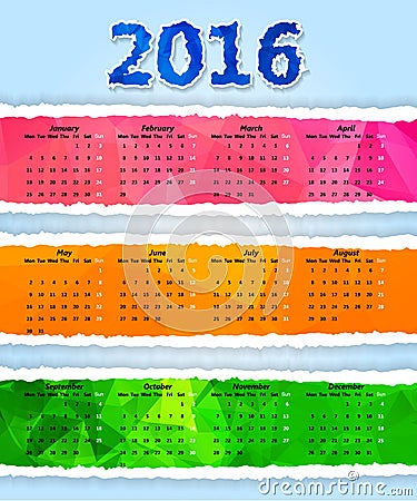 Colorful Triangular torn paper 2016 year calendar Vector Illustration