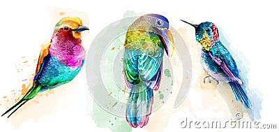 Colorful tropic birds watercolor Vector. Beautiful parrots, humming bird exotic set collections Stock Photo