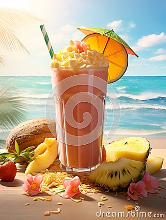 Colorful tropic cocktail over ocean background. Suitable for posters, banners, covers and other ad purposes. Holidays set with Stock Photo