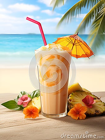 Colorful tropic cocktail over ocean background. Suitable for posters, banners, covers and other ad purposes. Holidays set with Stock Photo