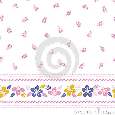 Colorful Tropical Exotic Foliage, Hibiscus Horizontal Floral Vector Seamless Border and Pattern. Stitch Stripes Vector Illustration