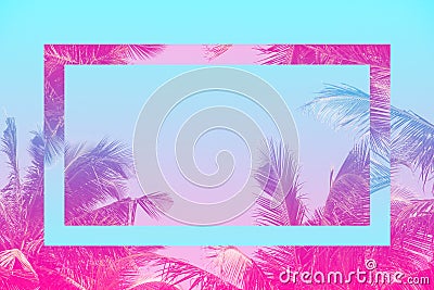 Colorful tropical 80s 90s style coconut palm tree with futuristic mirror effect in pink and blue toned Cartoon Illustration