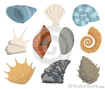 Colorful tropical sea shells underwater icon collection. Marine set cute stickers on the white background. Vector Vector Illustration